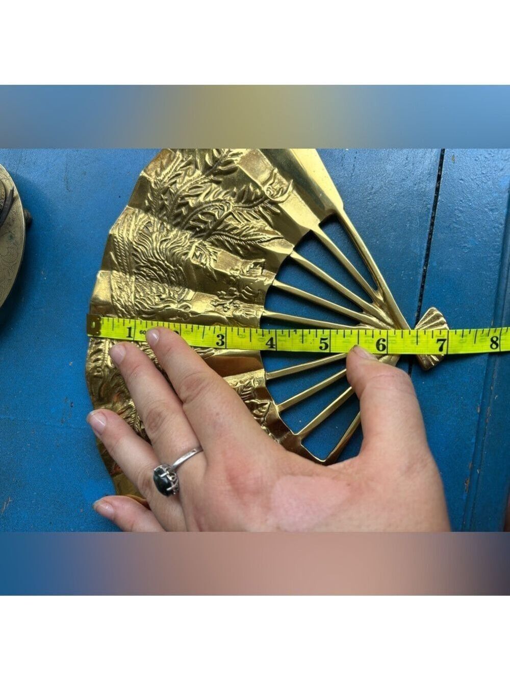VINTAGE Taiwan ROC Gold Tone Phoenix Fan • Ornate Relief Art • Prosperity Decor - Picture 15 of 16